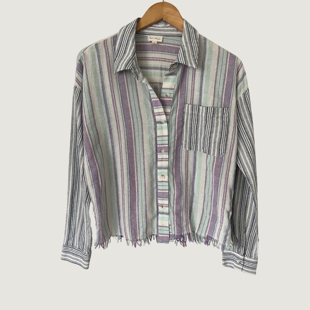 Hem & Thread Womens Striped Cotton Button Down Frayed Hem Shirt Purple Teal S